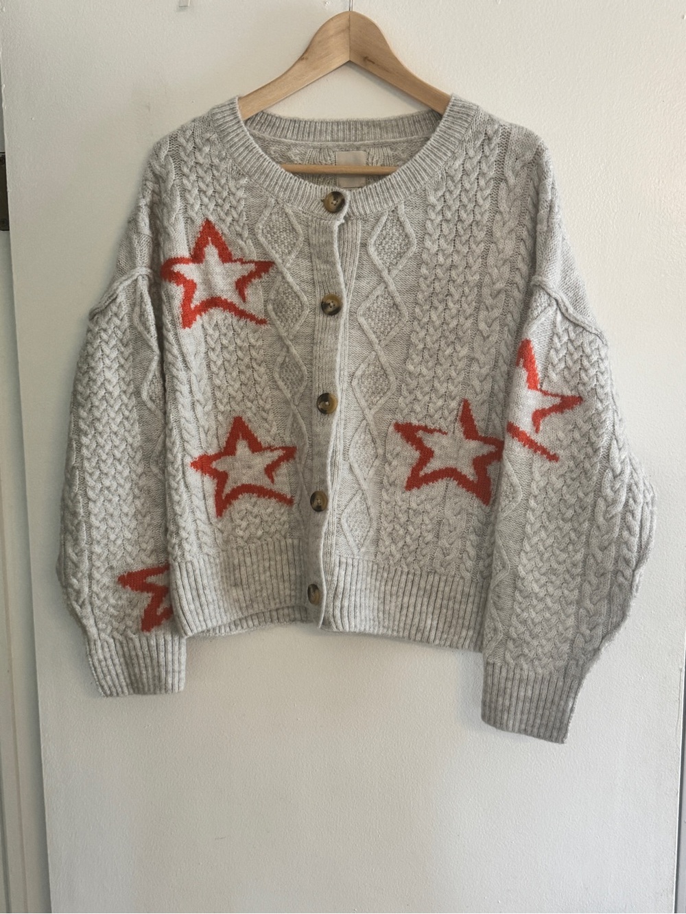 Maeve Light Gray Cable Knit Cardigan with Orange Star Accents